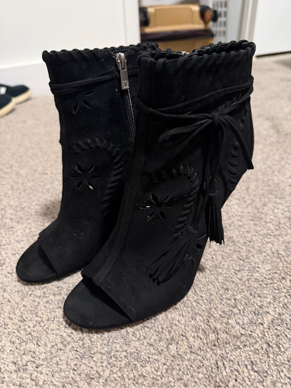 Women's Black Suede Cutout Tassel Ankle Boots Ivanka Trump 8.5